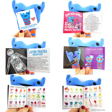 Image shows the stuffed larynx & trachea with all pages of the information card it comes with