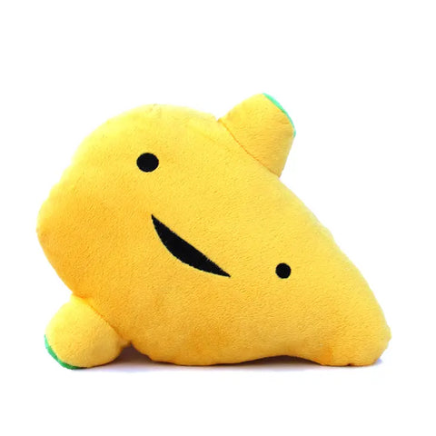 Image shows a yellow stuffed liver with a happy face
