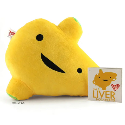 Image shows the stuffed liver with a hang tag that says, "I'm a liver not a fighter"