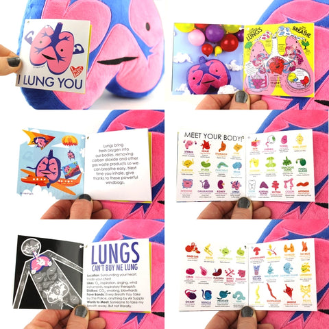 Image shows the stuffed lungs with all pages of the information card it comes with