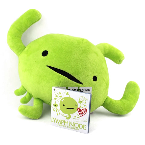 Image shows the stuffed lymph node with a card that reads, "lymph node: lymphin' the dream"