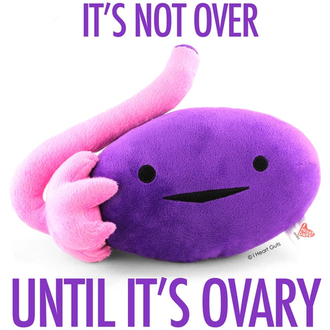 Image shows the stuffed ovary with the words "It's not over until it's ovary"