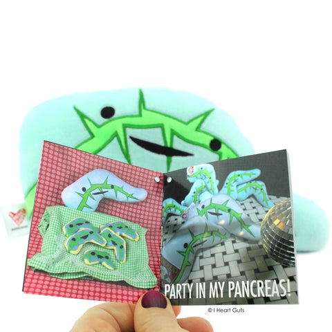Image shows the stuffed pancreas with a card that reads "party in my pancreas!"