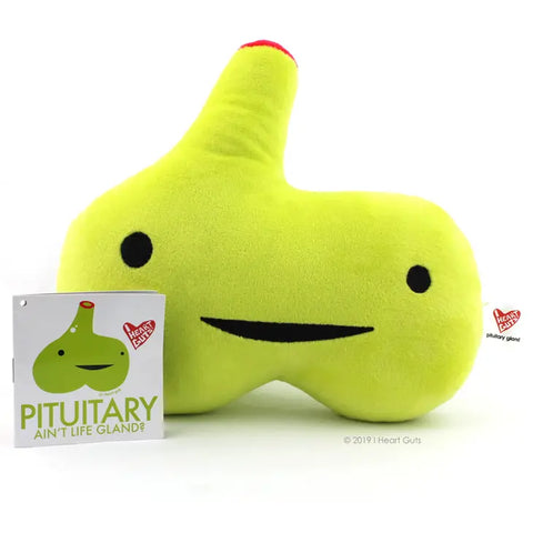 Image shows the stuffed pituitary gland with a card that reads, "Pituitary: ain't life gland?"