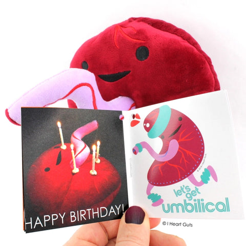 Image shows the stuffed placenta with one page of the information card it comes with