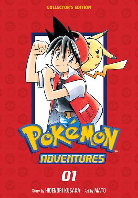 Image shows the book cover titled "Pokémon Adventures Volume 1". It shows Pikachu sitting on Ash's shoulders.