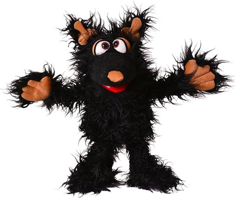 Image shows a scruffy black dog hand puppet. It has an orange nose, paws, and inner ears.