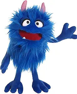 Image shows a fuzzy stuffed blue monster hand puppet. It has one tooth and red and white striped horns.