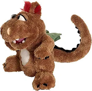 Image shows a brown stuffed dragon hand puppet. IT has green wings and red tufts inside its ears.
