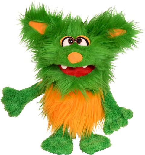 Image shows a green and yellow fuzzy monster hand puppet