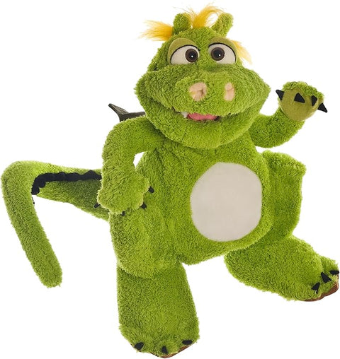 Image shows a green stuffed dragon hand puppet