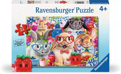 Image shows the puzzle box for the Bunnies and Berries puzzle. It is 35 pieces and for ages 4+.
