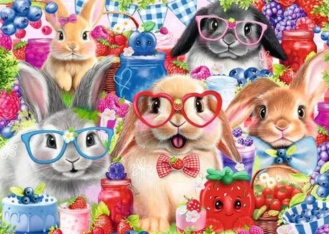 Image shows the completed puzzle, which features bunnies and various fruit treats. Some of the bunnies wear glasses.