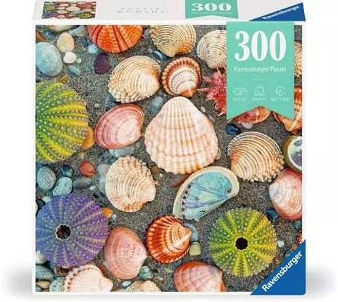 Image shows the puzzle box for By the Seashore, a 300 piece puzzle. It has various shells on sand.