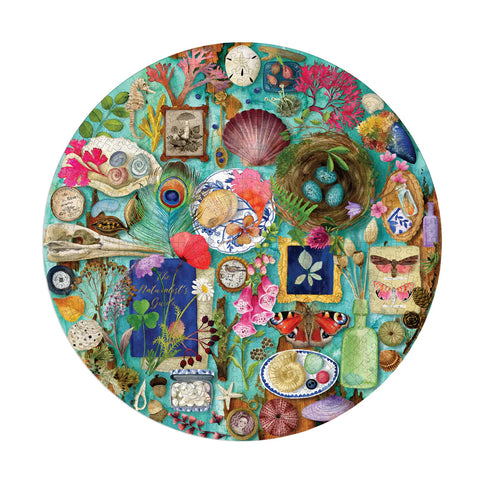 Image shows the completed puzzle, which has various nature items from shells to skulls to bird eggs.