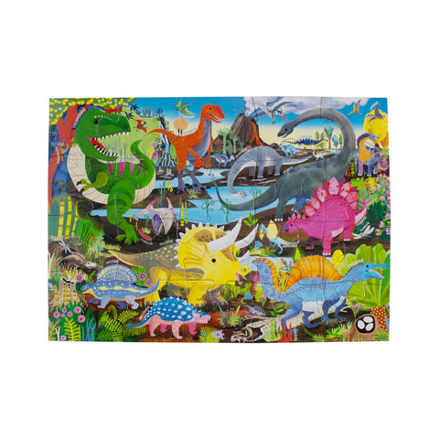 Image shows the completed puzzle. It is a landscape of multiple types of colorful dinosaurs.