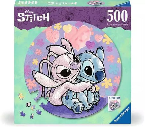 Image shows a 500 piece round puzzle featuring Stitch and Angel from Disney's Lilo & Stitch.