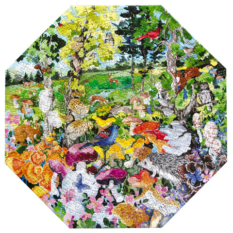Image shows the completed puzzle, which is octagon shaped. It has a variety of mushrooms.