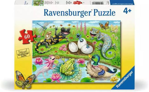 Image shows the puzzle box for Hello Hatchlings. It shows two blue lizards hatching from eggs with various animals waving hello.