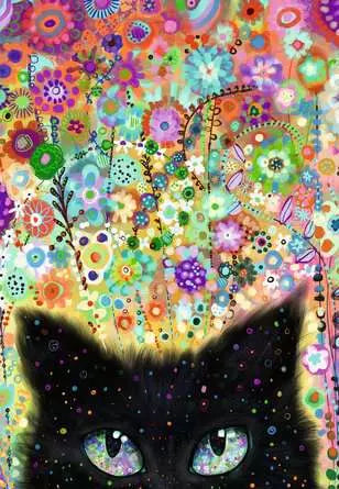 Image shows the artwork for the completed puzzle. It features a black cat with a rainbow floral background.