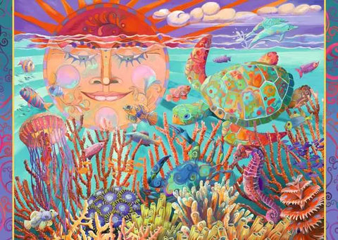 Image shows the completed puzzle. The setting sun has a face and the underwater scene is relaxing.