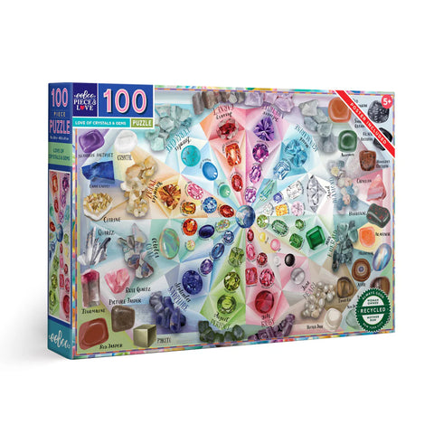 Image shows the puzzle box for a 100-piece crystals & gems themed puzzle