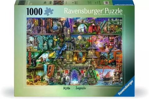 Image shows a fantasy themed 1000 piece puzzle. There is a castle in the middle, with dragons, knights, and princesses.