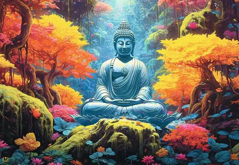 Image shows the artwork for the completed puzzle. It has a Buddhist statue in the middle of an autumn forest.