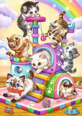Image shows the completed puzzle. It is colorful with kittens playing on a cat tower.
