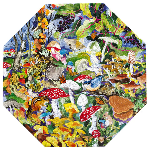 Image shows the completed puzzle. It is octagon shaped and features various poisonous mushrooms.