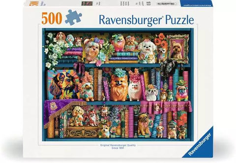 Image shows the box for a 500 piece puzzle. It has a bookshelf filled with books, flowers, and poreclain dog figurines.