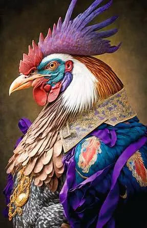 Image shows the completed puzzle, which features a rooster wearing a general's coat.