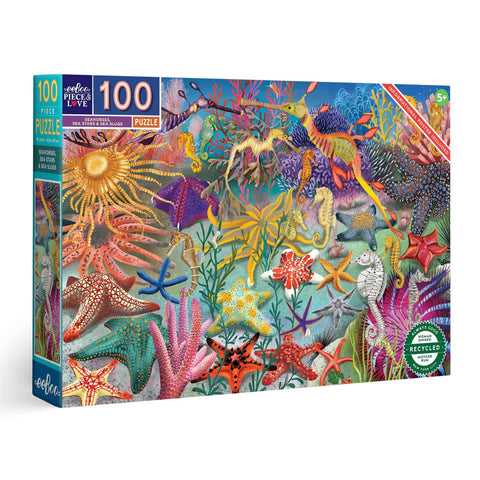 Image shows the puzzle box for a 100-piece seahorse themed puzzle.