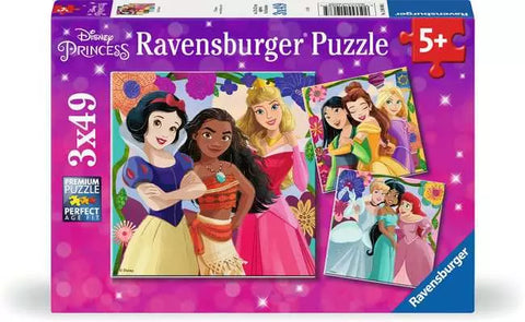 Image shows the puzzle box for three 49-piece Disney princess themed puzzles.