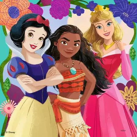 Image shows artwork for a completed puzzle featuring Snow White, Moana, and Aurora (Sleeping Beauty).