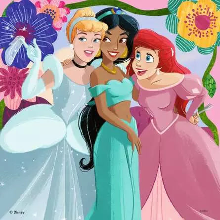 Image shows artwork for a completed puzzle featuring Cinderella, Jasmine, and Ariel.