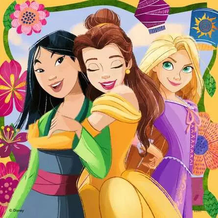 Image shows artwork for a completed puzzle featuring Mulan, Belle, and Rapunzel.
