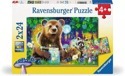 Image shows the puzzle box for a puzzle set of two 24-piece puzzles titled Lovable Woodland Friends.