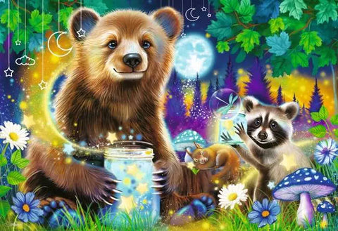 Image shows the first puzzle, which shows a bear and a raccoon in a colorful night woodland setting.