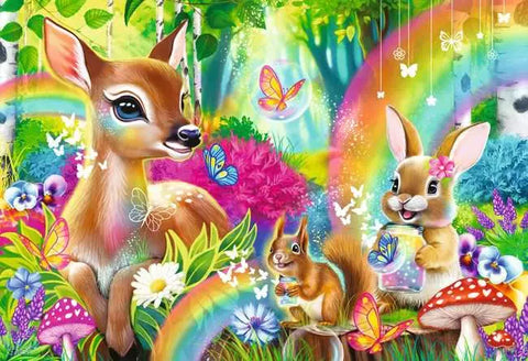 Image shows the second puzzle. A fawn, squirrel, and bunny in a rainbow daytime setting.
