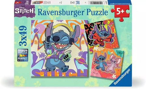Image shows the puzzle box for three 49-piece Stitch themed puzzles.