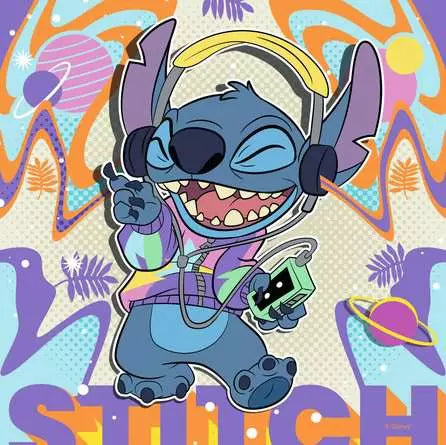 Image shows the artwork for a completed puzzle. It is Stitch dancing to a walkman.