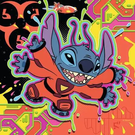 Image shows the artwork for a completed puzzle. It is Stitch dancing with an orange background.