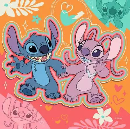 Image shows the artwork for a completed puzzle. It is Stitch and Angel dancing together.