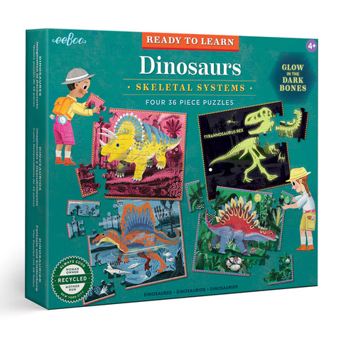 Image shows the puzzle box for four 36-piece puzzles featuring various dinosaurs.