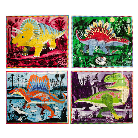 Image shows the four completed dinosaur puzzles. Each features a different dinosaur.