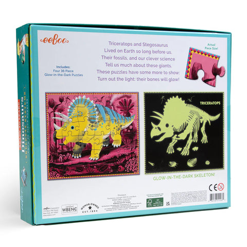 Image shows the back of the puzzle box. It shows that each puzzle is glow-in-the-dark, showing the dino's skeleton