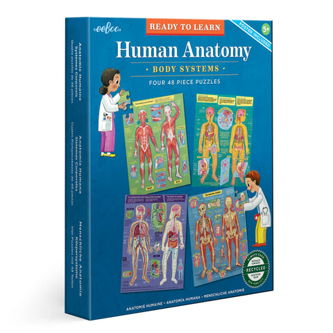 Image shows the puzzle box for four 48-piece human anatomy themed puzzles.