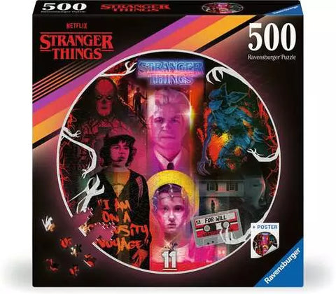 Image shows the box for a round, Stranger Things themed 500 piece puzzle.
