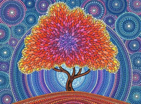 Image shows the completed puzzle. The tree is rainbow colored and the sky is purple and blue circles.